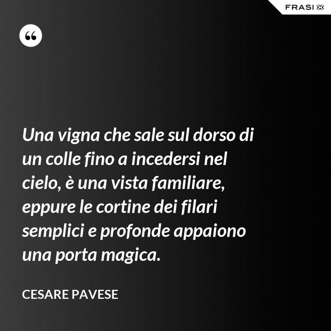 Una vigna che sale sul dorso di un colle fino a incedersi nel cielo, è una vista familiare, eppure le cortine dei filari semplici e profonde appaiono una porta magica. - Cesare Pavese