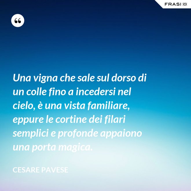 Una vigna che sale sul dorso di un colle fino a incedersi nel cielo, è una vista familiare, eppure le cortine dei filari semplici e profonde appaiono una porta magica. - Cesare Pavese