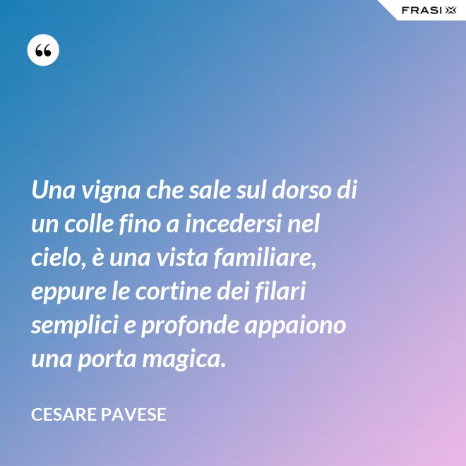 Una vigna che sale sul dorso di un colle fino a incedersi nel cielo, è una vista familiare, eppure le cortine dei filari semplici e profonde appaiono una porta magica. - Cesare Pavese