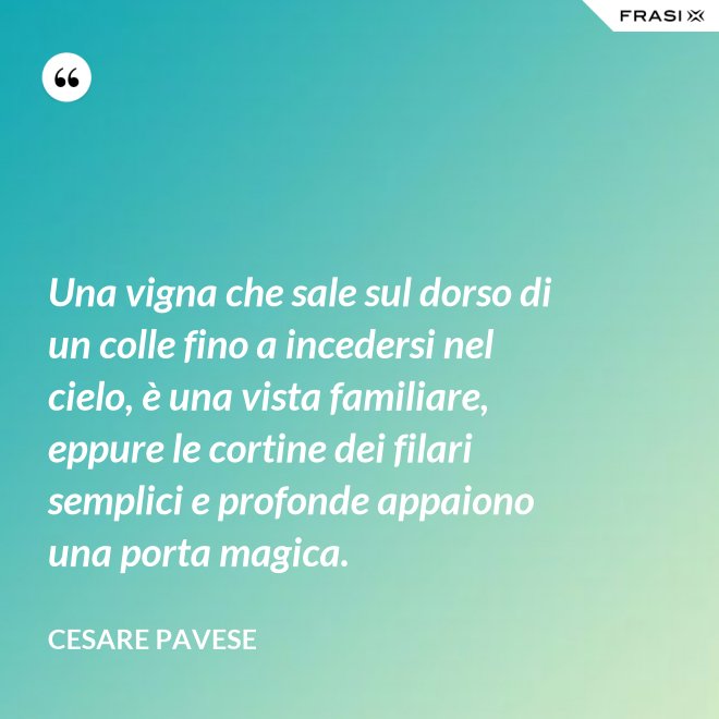 Una vigna che sale sul dorso di un colle fino a incedersi nel cielo, è una vista familiare, eppure le cortine dei filari semplici e profonde appaiono una porta magica. - Cesare Pavese