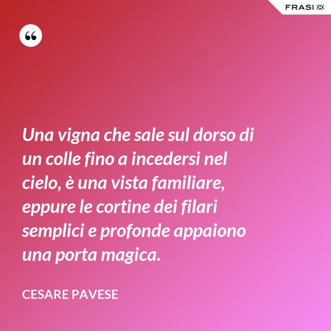 Una vigna che sale sul dorso di un colle fino a incedersi nel cielo, è una vista familiare, eppure le cortine dei filari semplici e profonde appaiono una porta magica. - Cesare Pavese