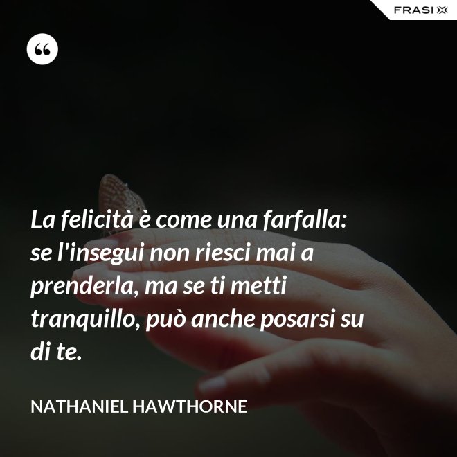 La felicità è come una farfalla: se l'insegui non riesci mai a prenderla, ma se ti metti tranquillo, può anche posarsi su di te. - Nathaniel Hawthorne