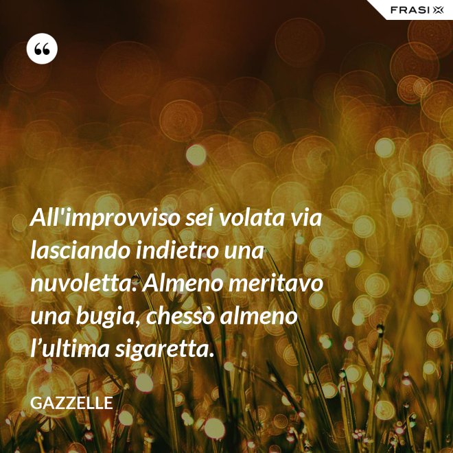 All'improvviso sei volata via lasciando indietro una nuvoletta. Almeno meritavo una bugia, chessò almeno l’ultima sigaretta. - Gazzelle