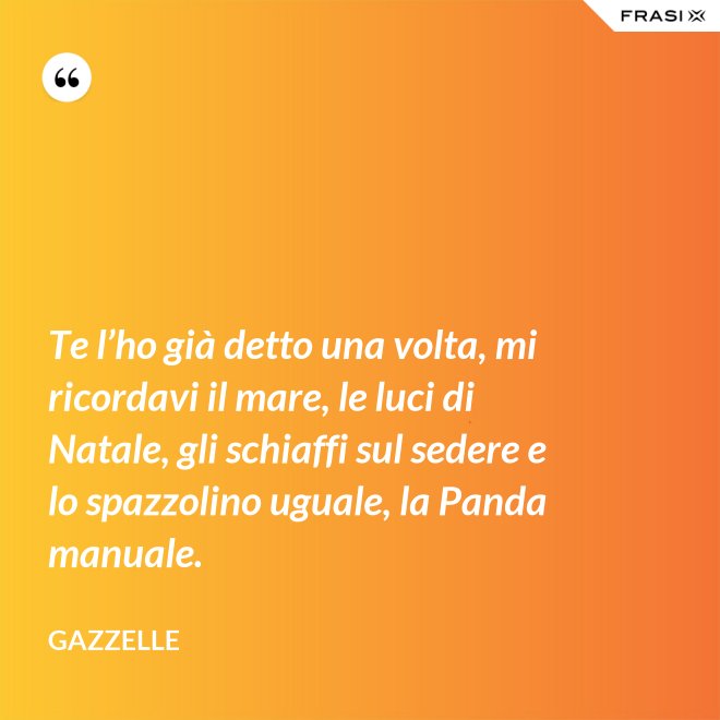 Te l’ho già detto una volta, mi ricordavi il mare, le luci di Natale, gli schiaffi sul sedere e lo spazzolino uguale, la Panda manuale. - Gazzelle