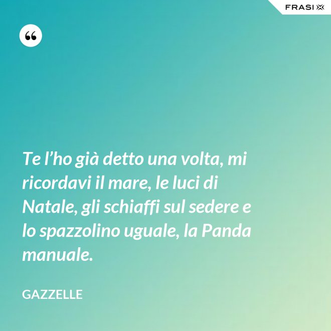 Te l’ho già detto una volta, mi ricordavi il mare, le luci di Natale, gli schiaffi sul sedere e lo spazzolino uguale, la Panda manuale. - Gazzelle