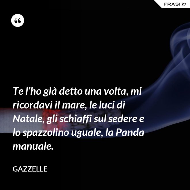 Te l’ho già detto una volta, mi ricordavi il mare, le luci di Natale, gli schiaffi sul sedere e lo spazzolino uguale, la Panda manuale. - Gazzelle