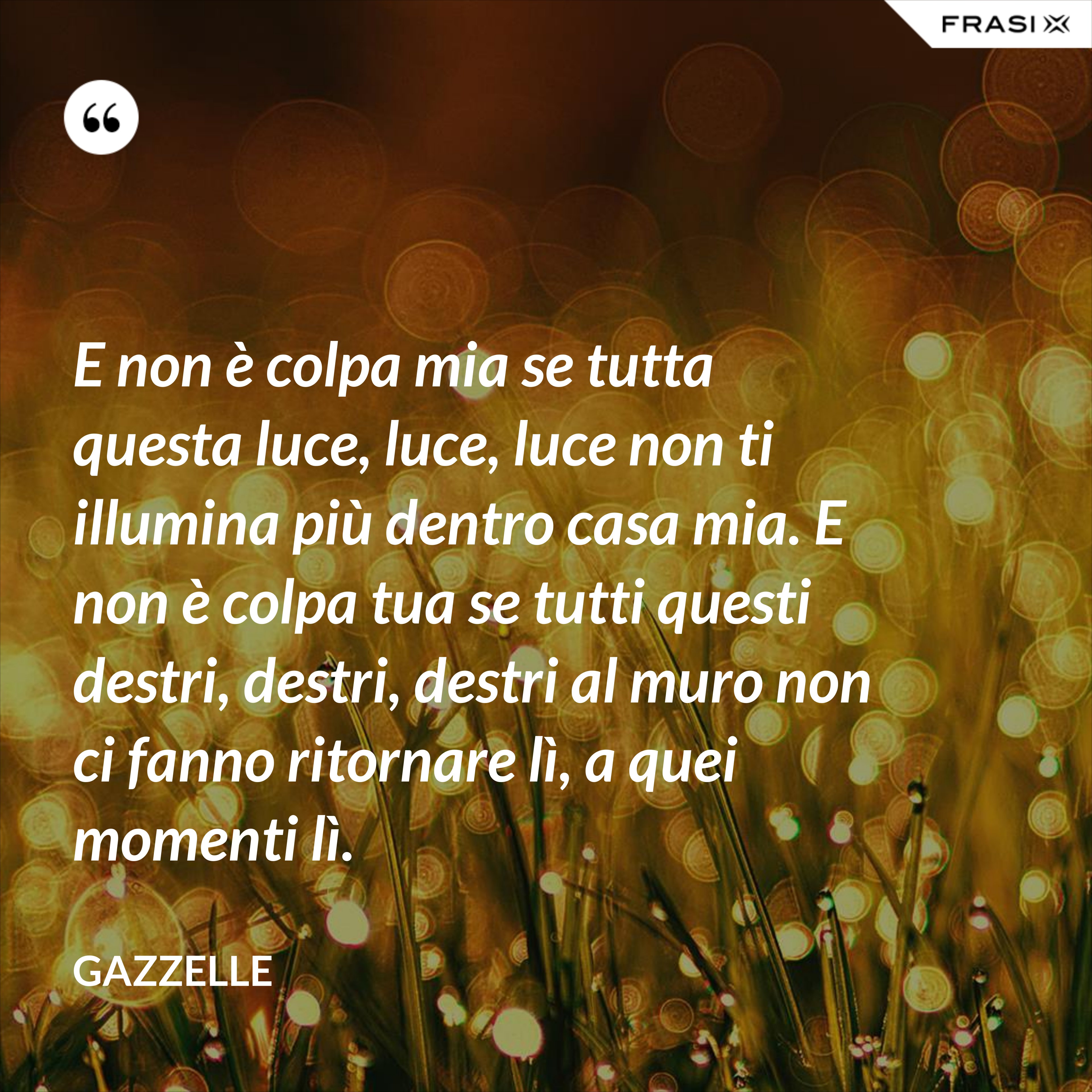 E non è colpa mia se tutta questa luce, luce, luce non ti illumina più dentro casa mia. E non è colpa tua se tutti questi destri, destri, destri al muro non ci fanno ritornare lì, a quei momenti lì. - Gazzelle