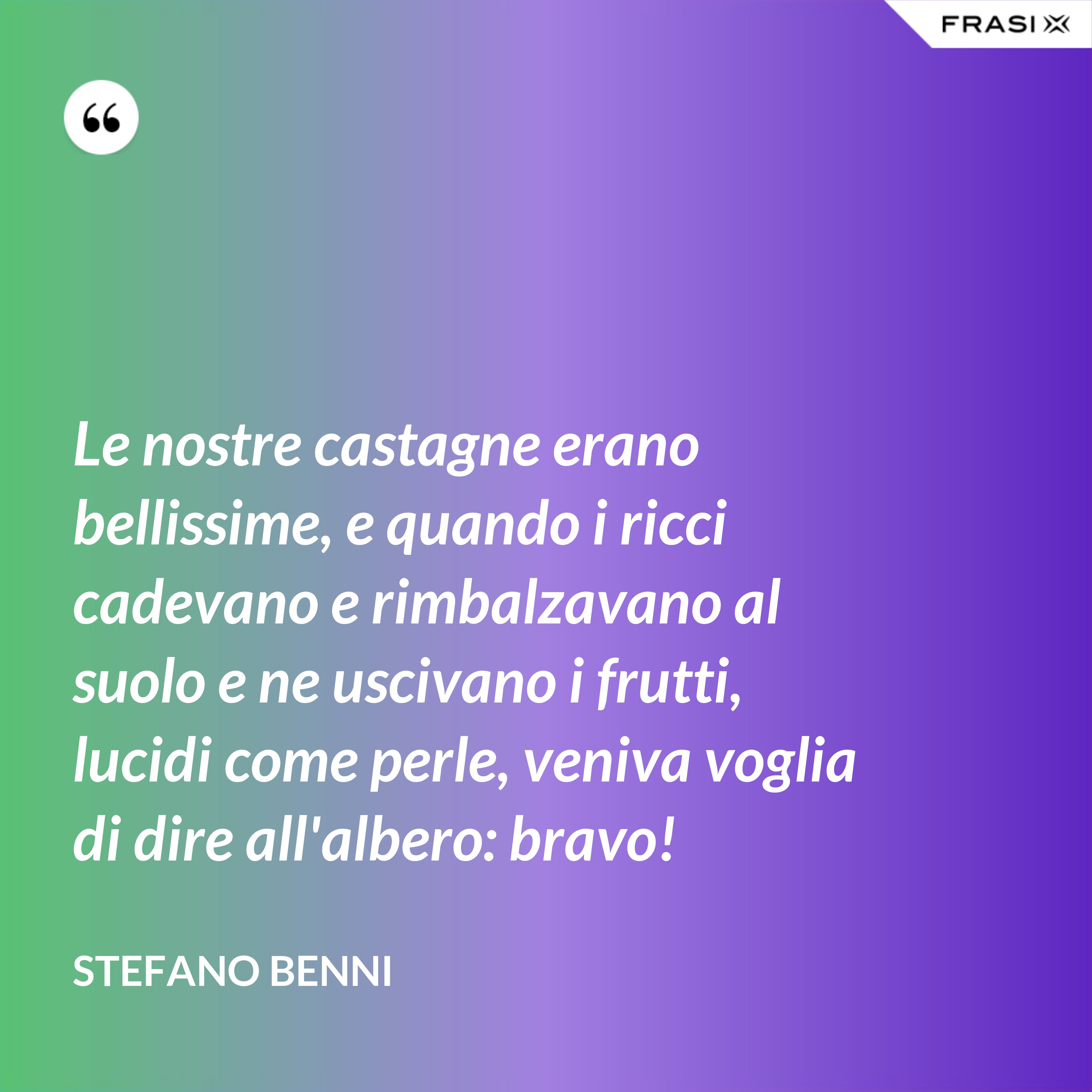 Le nostre castagne erano bellissime, e quando i ricci cadevano e rimbalzavano al suolo e ne uscivano i frutti, lucidi come perle, veniva voglia di dire all'albero: bravo! - Stefano Benni