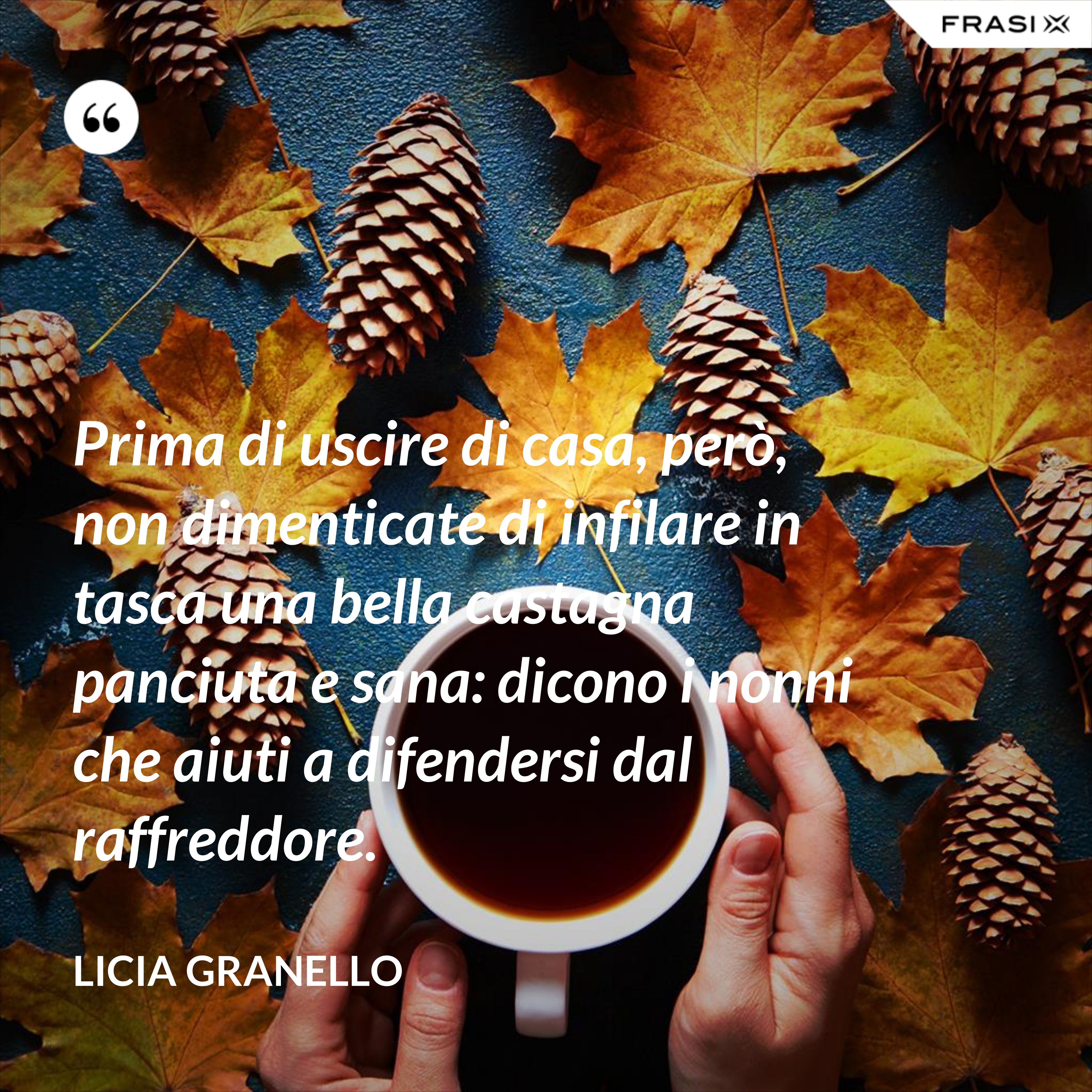 Prima di uscire di casa, però, non dimenticate di infilare in tasca una bella castagna panciuta e sana: dicono i nonni che aiuti a difendersi dal raffreddore. - Licia Granello