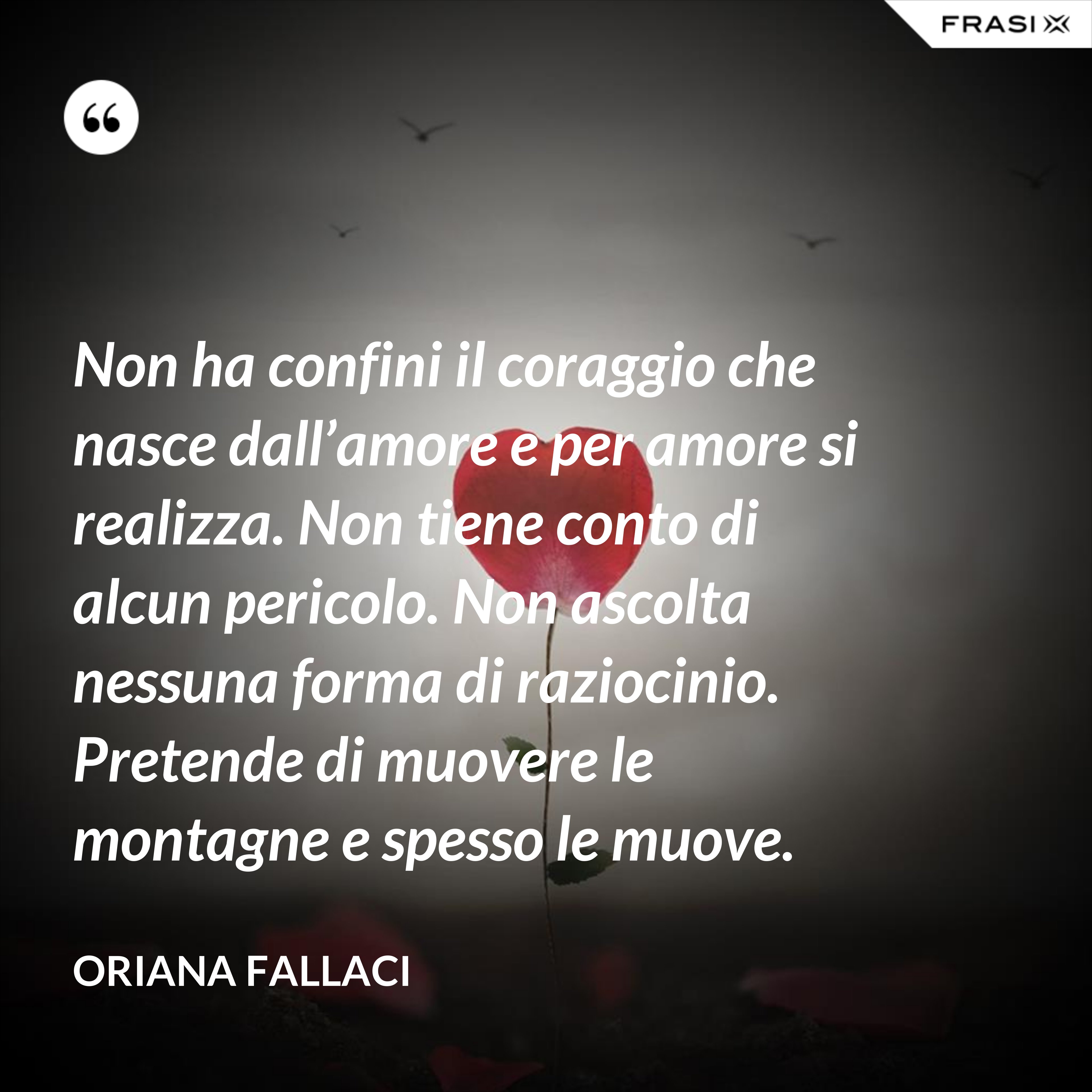 Non ha confini il coraggio che nasce dall’amore e per amore si realizza. Non tiene conto di alcun pericolo. Non ascolta nessuna forma di raziocinio. Pretende di muovere le montagne e spesso le muove. - Oriana Fallaci