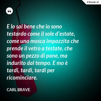 E lo sai bene che io sono testardo come il sole d’estate, come una mosca impazzita che prende il vetro a testate, che sono un pezzo di pane, ma indurito dal tempo. E mo è tardi, tardi, tardi per ricominciare. - Carl Brave