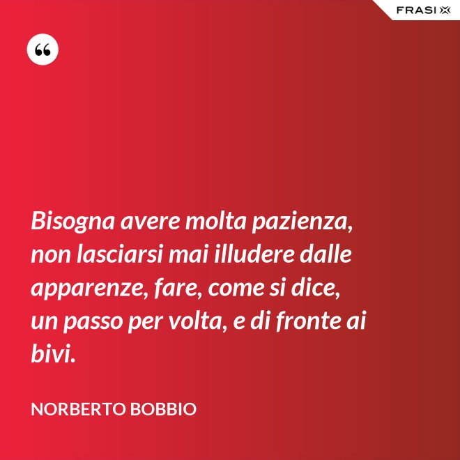 Bisogna avere molta pazienza, non lasciarsi mai illudere dalle apparenze, fare, come si dice, un passo per volta, e di fronte ai bivi. - Norberto Bobbio