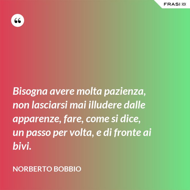 Bisogna avere molta pazienza, non lasciarsi mai illudere dalle apparenze, fare, come si dice, un passo per volta, e di fronte ai bivi. - Norberto Bobbio