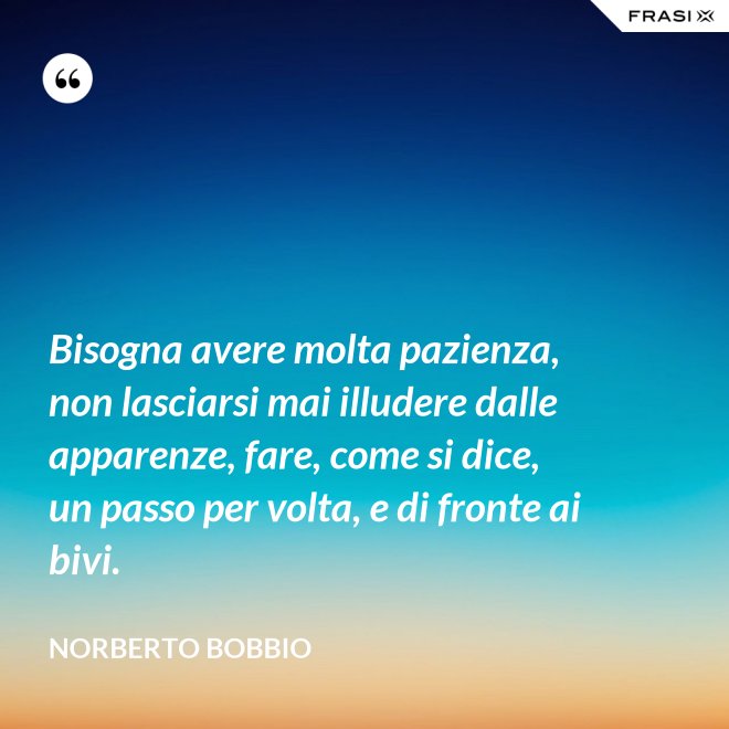 Bisogna avere molta pazienza, non lasciarsi mai illudere dalle apparenze, fare, come si dice, un passo per volta, e di fronte ai bivi. - Norberto Bobbio