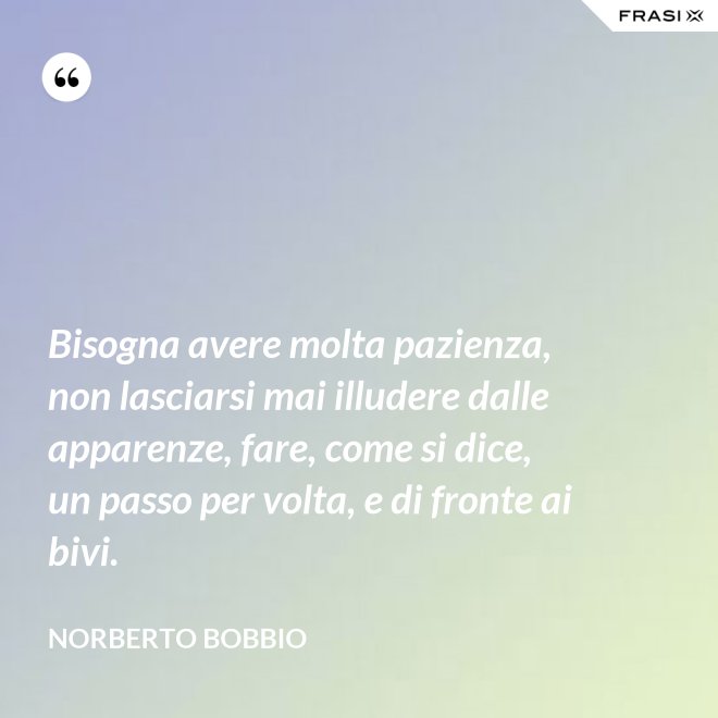 Bisogna avere molta pazienza, non lasciarsi mai illudere dalle apparenze, fare, come si dice, un passo per volta, e di fronte ai bivi. - Norberto Bobbio