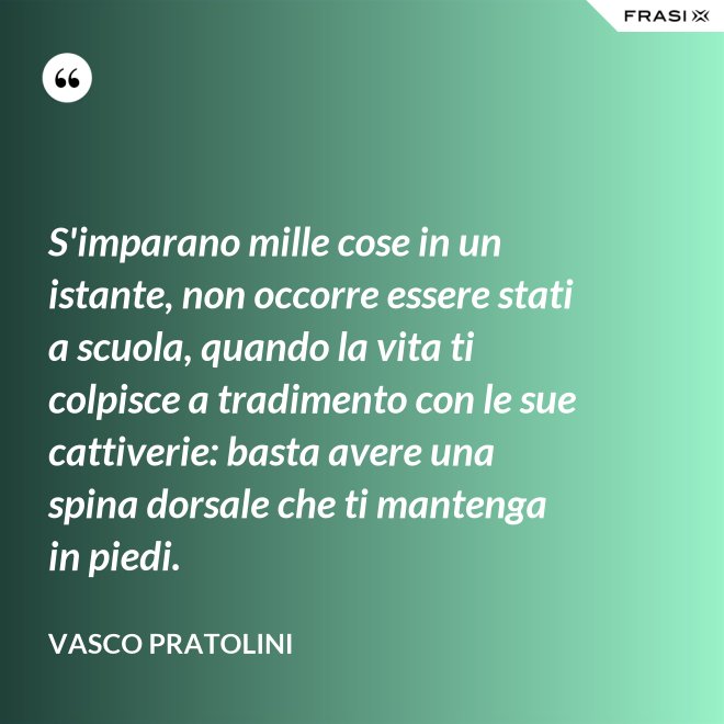 S'imparano mille cose in un istante, non occorre essere stati a scuola, quando la vita ti colpisce a tradimento con le sue cattiverie: basta avere una spina dorsale che ti mantenga in piedi. - Vasco Pratolini