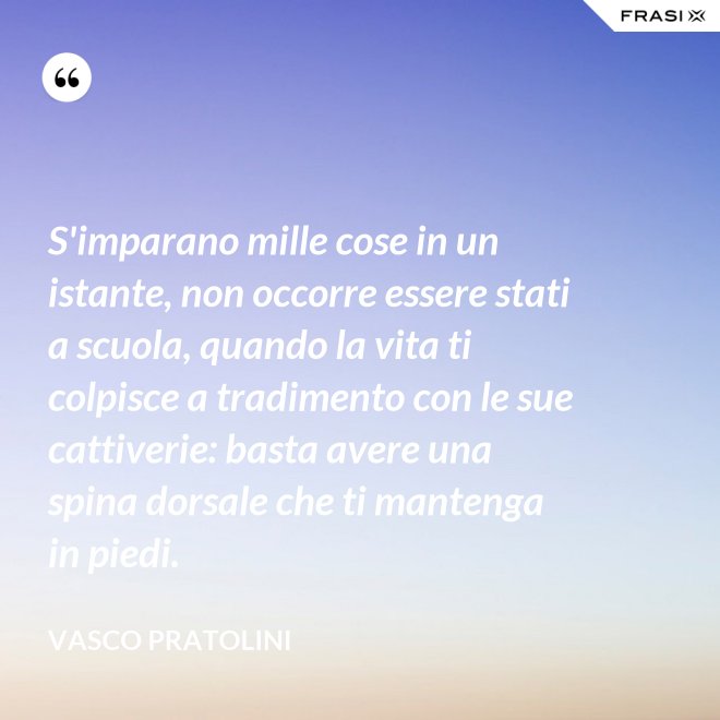 S'imparano mille cose in un istante, non occorre essere stati a scuola, quando la vita ti colpisce a tradimento con le sue cattiverie: basta avere una spina dorsale che ti mantenga in piedi. - Vasco Pratolini
