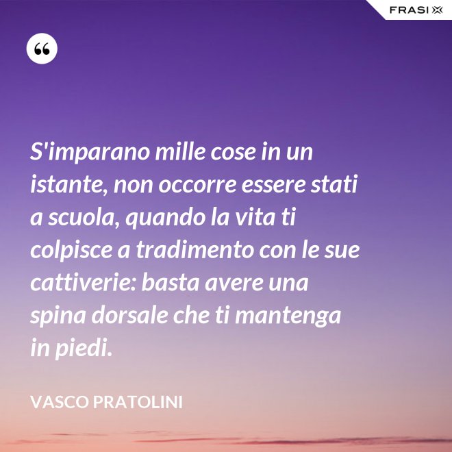 S'imparano mille cose in un istante, non occorre essere stati a scuola, quando la vita ti colpisce a tradimento con le sue cattiverie: basta avere una spina dorsale che ti mantenga in piedi. - Vasco Pratolini
