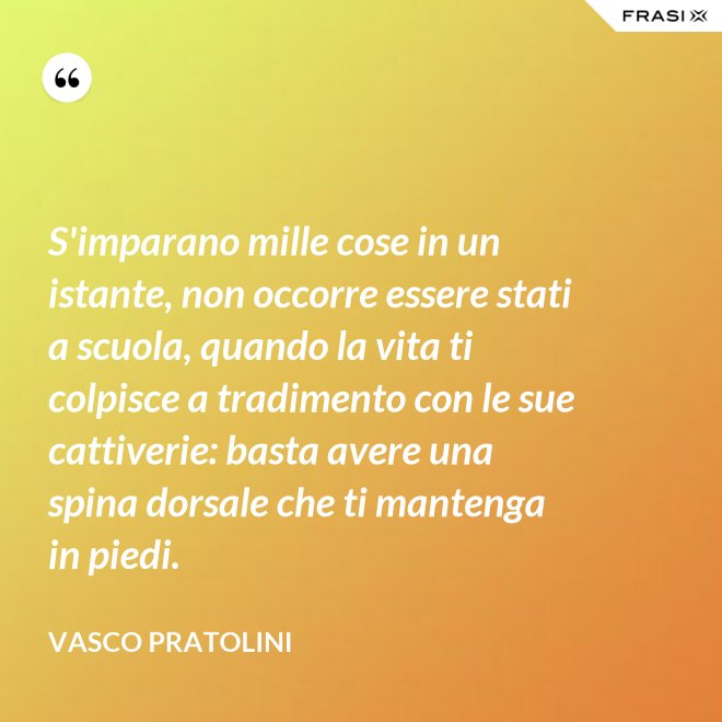 S'imparano mille cose in un istante, non occorre essere stati a scuola, quando la vita ti colpisce a tradimento con le sue cattiverie: basta avere una spina dorsale che ti mantenga in piedi. - Vasco Pratolini