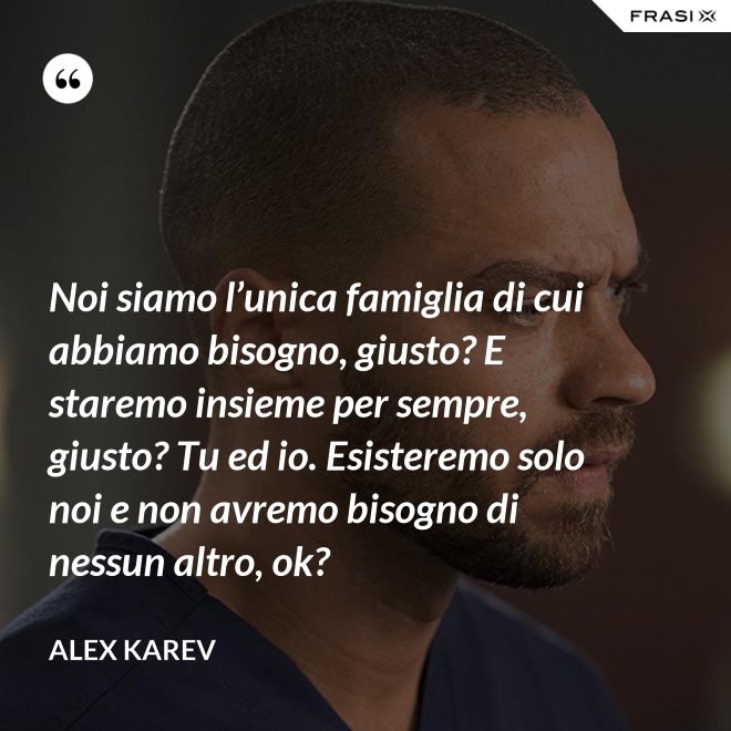 Noi siamo l’unica famiglia di cui abbiamo bisogno, giusto? E staremo insieme per sempre, giusto? Tu ed io. Esisteremo solo noi e non avremo bisogno di nessun altro, ok? - Alex Karev