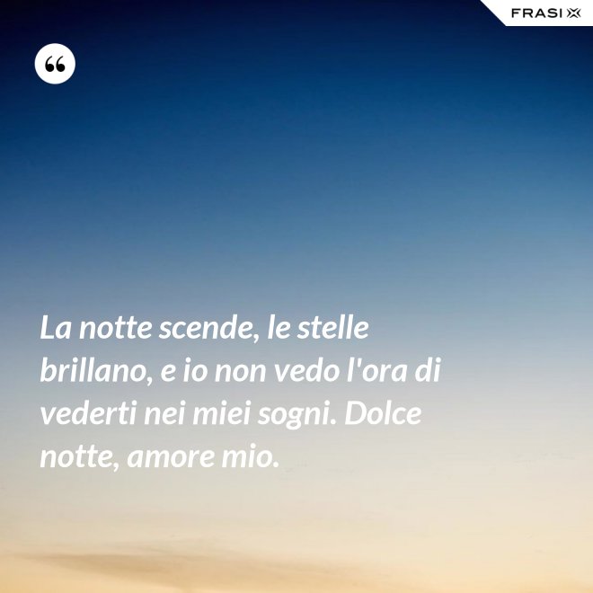 La notte scende, le stelle brillano, e io non vedo l'ora di vederti nei miei sogni. Dolce notte, amore mio. - Anonimo
