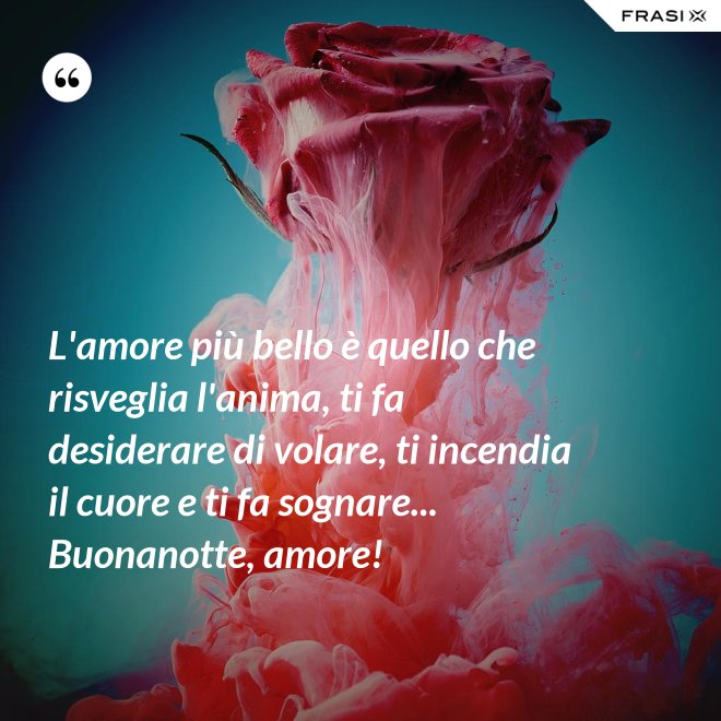 L'amore più bello è quello che risveglia l'anima, ti fa desiderare di volare, ti incendia il cuore e ti fa sognare... Buonanotte, amore! - Anonimo