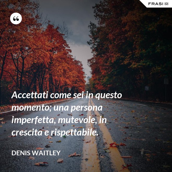 Accettati come sei in questo momento; una persona imperfetta, mutevole, in crescita e rispettabile. - Denis Waitley
