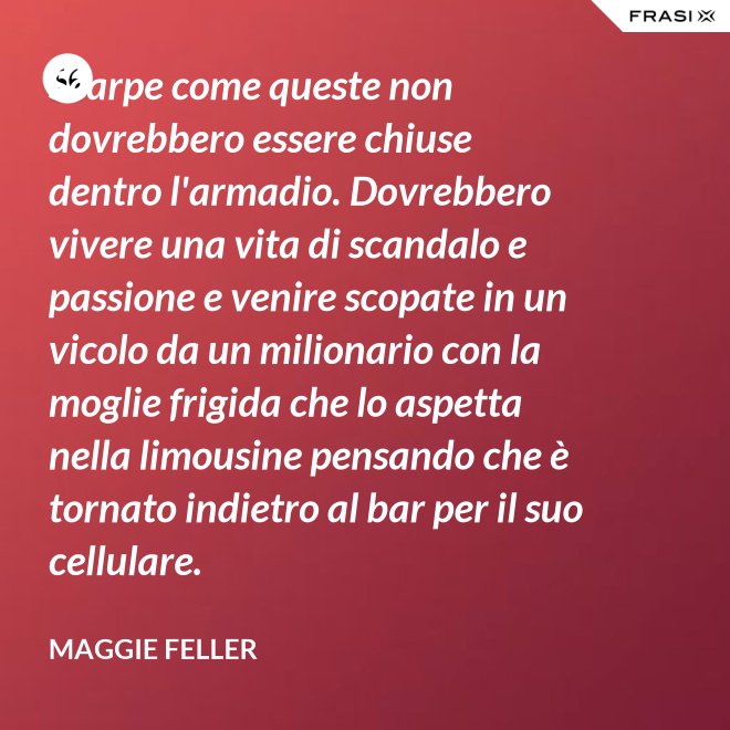 Scarpe come queste non dovrebbero essere chiuse dentro l'armadio. Dovrebbero vivere una vita di scandalo e passione e venire scopate in un vicolo da un milionario con la moglie frigida che lo aspetta nella limousine pensando che è tornato indietro al bar per il suo cellulare. - Maggie Feller