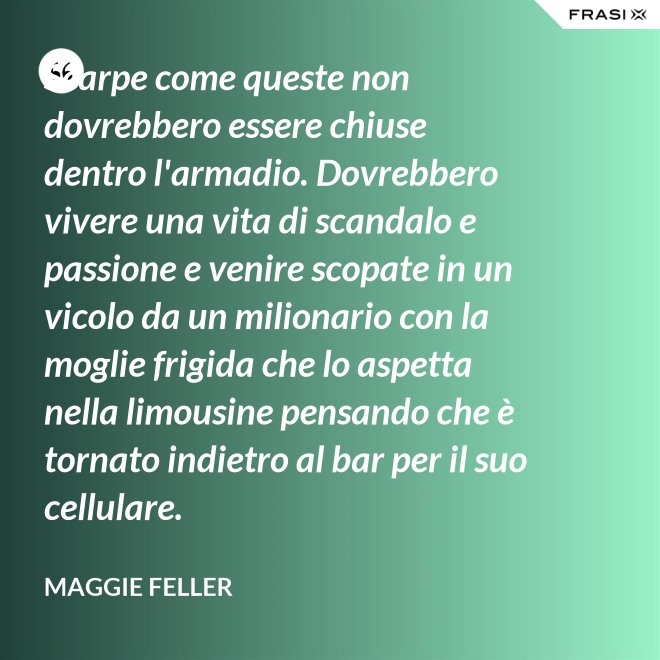 Scarpe come queste non dovrebbero essere chiuse dentro l'armadio. Dovrebbero vivere una vita di scandalo e passione e venire scopate in un vicolo da un milionario con la moglie frigida che lo aspetta nella limousine pensando che è tornato indietro al bar per il suo cellulare. - Maggie Feller