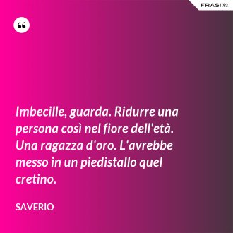Imbecille, guarda. Ridurre una persona così nel fiore dell'età. Una ragazza d'oro. L'avrebbe messo in un piedistallo quel cretino. - Saverio