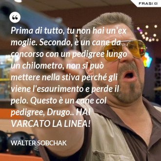 Prima di tutto, tu non hai un'ex moglie. Secondo, è un cane da concorso con un pedigree lungo un chilometro, non si può mettere nella stiva perché gli viene l'esaurimento e perde il pelo. Questo è un cane col pedigree, Drugo.. HAI VARCATO LA LINEA! - Walter Sobchak