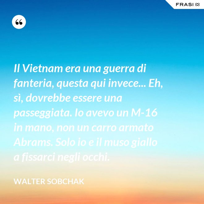 Il Vietnam era una guerra di fanteria, questa qui invece... Eh, sì, dovrebbe essere una passeggiata. Io avevo un M-16 in mano, non un carro armato Abrams. Solo io e il muso giallo a fissarci negli occhi. - Walter Sobchak