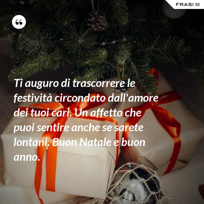 Ti auguro di trascorrere le festività circondato dall'amore dei tuoi cari. Un affetto che puoi sentire anche se sarete lontani. Buon Natale e buon anno. - Anonimo