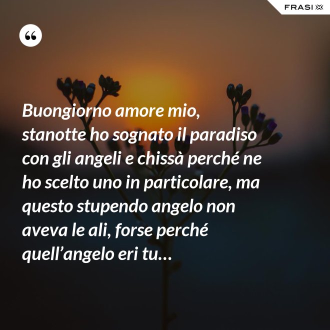 Buongiorno amore mio, stanotte ho sognato il paradiso con gli angeli e chissà perché ne ho scelto uno in particolare, ma questo stupendo angelo non aveva le ali, forse perché quell’angelo eri tu… - Anonimo