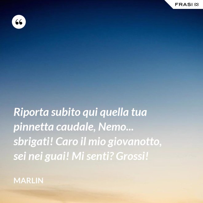 Riporta subito qui quella tua pinnetta caudale, Nemo... sbrigati! Caro il mio giovanotto, sei nei guai! Mi senti? Grossi! - Marlin