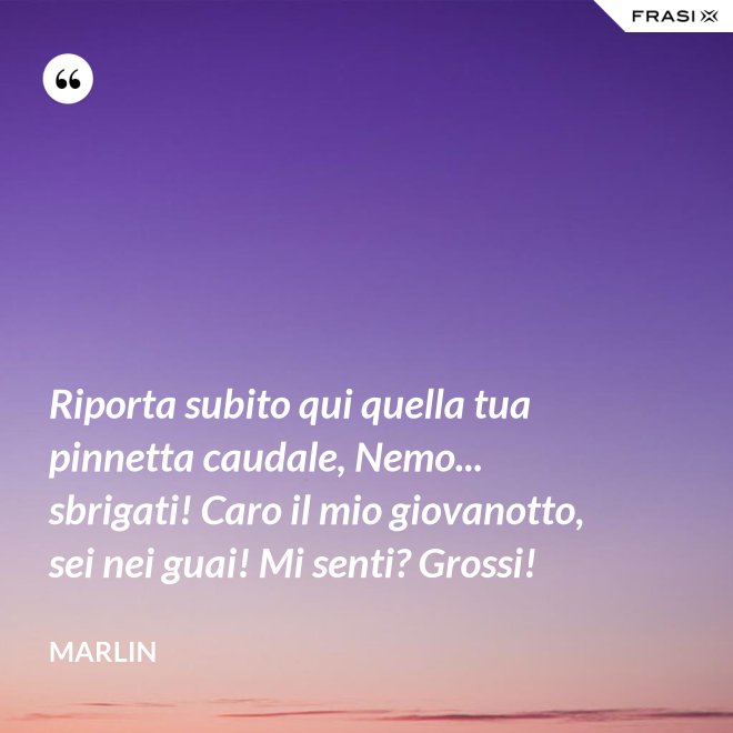 Riporta subito qui quella tua pinnetta caudale, Nemo... sbrigati! Caro il mio giovanotto, sei nei guai! Mi senti? Grossi! - Marlin