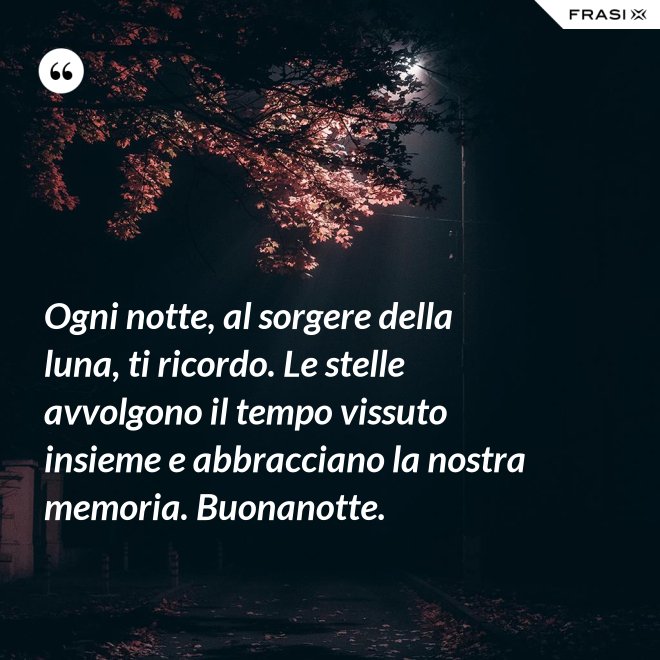 Ogni notte, al sorgere della luna, ti ricordo. Le stelle avvolgono il tempo vissuto insieme e abbracciano la nostra memoria. Buonanotte. - Anonimo
