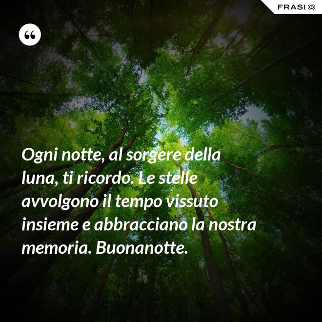 Ogni notte, al sorgere della luna, ti ricordo. Le stelle avvolgono il tempo vissuto insieme e abbracciano la nostra memoria. Buonanotte. - Anonimo
