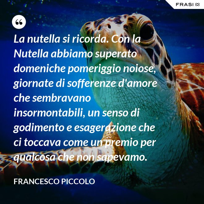 La nutella si ricorda. Con la Nutella abbiamo superato domeniche pomeriggio noiose, giornate di sofferenze d'amore che sembravano insormontabili, un senso di godimento e esagerazione che ci toccava come un premio per qualcosa che non sapevamo. - Francesco Piccolo