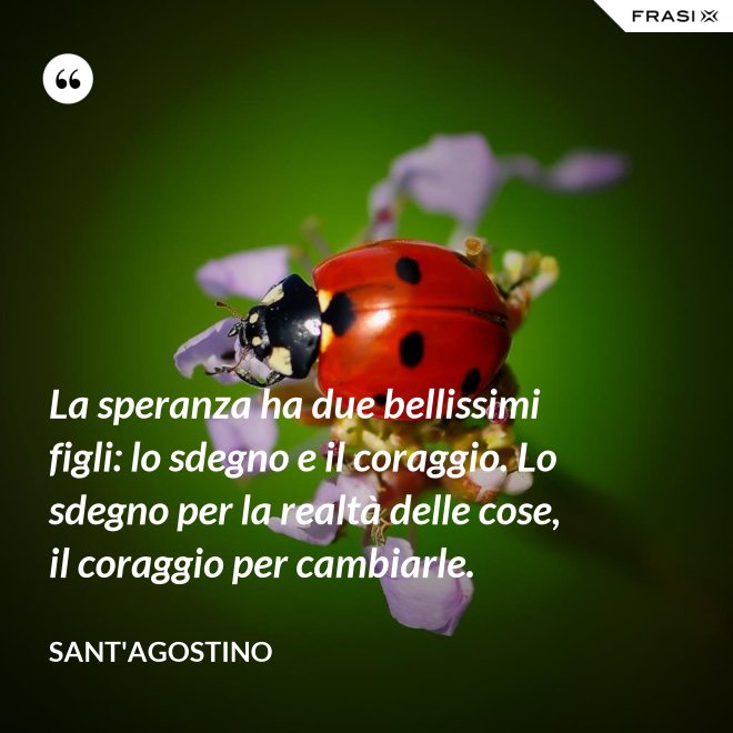 La speranza ha due bellissimi figli: lo sdegno e il coraggio. Lo sdegno per la realtà delle cose, il coraggio per cambiarle. - Sant'Agostino