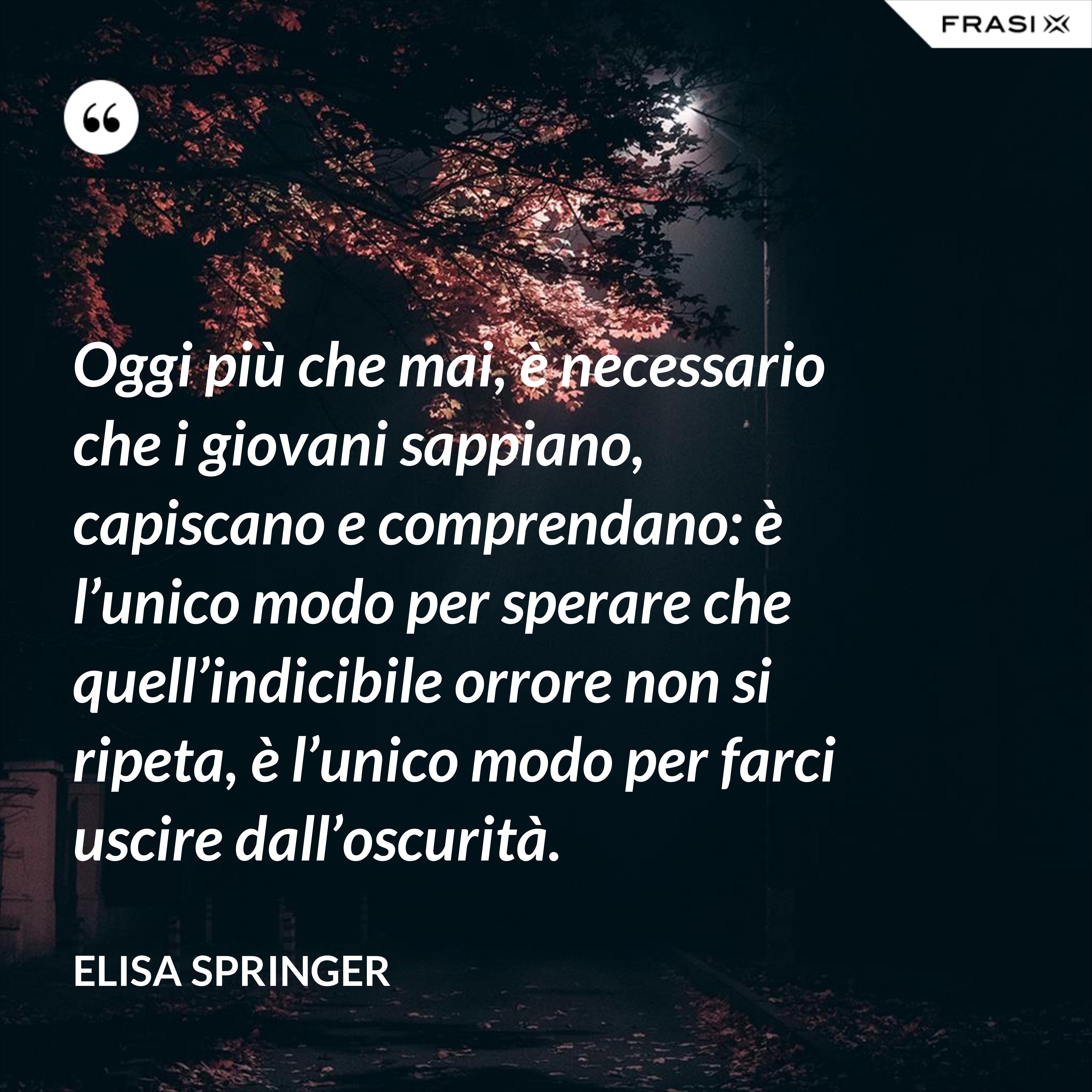 Oggi più che mai, è necessario che i giovani sappiano, capiscano e comprendano: è l’unico modo per sperare che quell’indicibile orrore non si ripeta, è l’unico modo per farci uscire dall’oscurità. - Elisa Springer