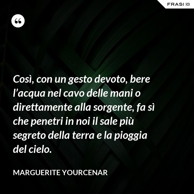 Così, con un gesto devoto, bere l’acqua nel cavo delle mani o direttamente alla sorgente, fa sì che penetri in noi il sale più segreto della terra e la pioggia del cielo. - Marguerite Yourcenar