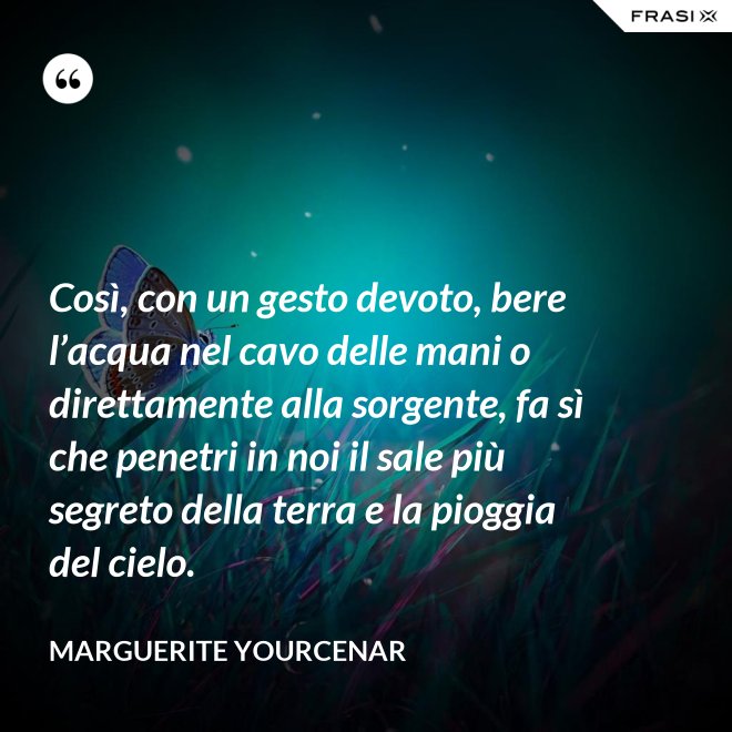 Così, con un gesto devoto, bere l’acqua nel cavo delle mani o direttamente alla sorgente, fa sì che penetri in noi il sale più segreto della terra e la pioggia del cielo. - Marguerite Yourcenar