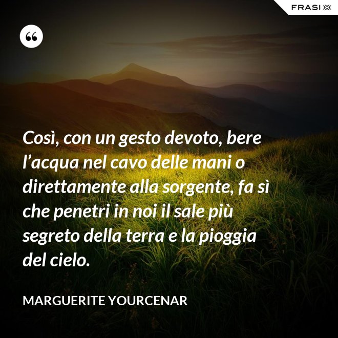 Così, con un gesto devoto, bere l’acqua nel cavo delle mani o direttamente alla sorgente, fa sì che penetri in noi il sale più segreto della terra e la pioggia del cielo. - Marguerite Yourcenar