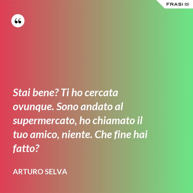 Stai bene? Ti ho cercata ovunque. Sono andato al supermercato, ho chiamato il tuo amico, niente. Che fine hai fatto? - Arturo Selva