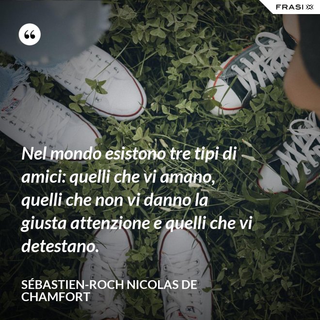 Nel mondo esistono tre tipi di amici: quelli che vi amano, quelli che non vi danno la giusta attenzione e quelli che vi detestano. - Sébastien-Roch Nicolas de Chamfort