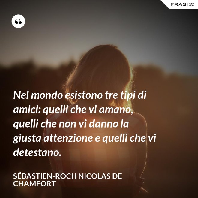 Nel mondo esistono tre tipi di amici: quelli che vi amano, quelli che non vi danno la giusta attenzione e quelli che vi detestano. - Sébastien-Roch Nicolas de Chamfort