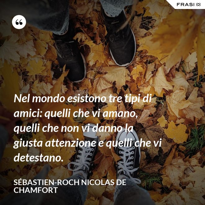 Nel mondo esistono tre tipi di amici: quelli che vi amano, quelli che non vi danno la giusta attenzione e quelli che vi detestano. - Sébastien-Roch Nicolas de Chamfort