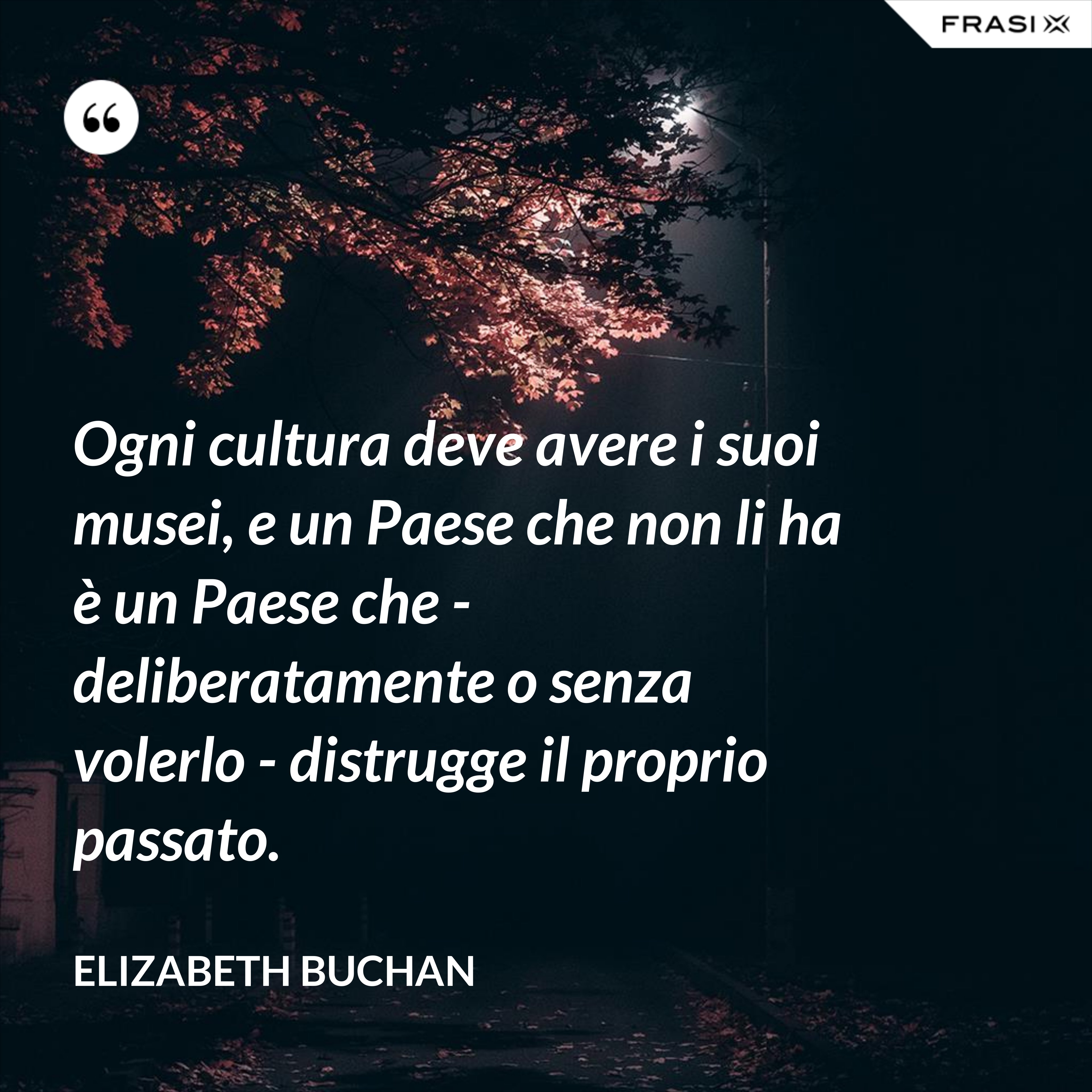 Ogni cultura deve avere i suoi musei, e un Paese che non li ha è un Paese che - deliberatamente o senza volerlo - distrugge il proprio passato. - Elizabeth Buchan