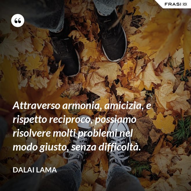 Attraverso armonia, amicizia, e rispetto reciproco, possiamo risolvere molti problemi nel modo giusto, senza difficoltà. - Dalai Lama